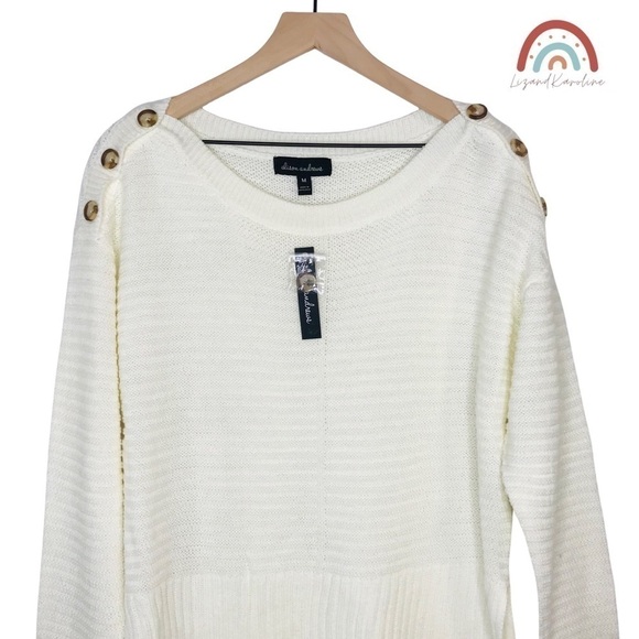 New! Ribbed Knit Boatneck Shoulder Buttons Split Hem Ivory Cream Sweater - Picture 3 of 11